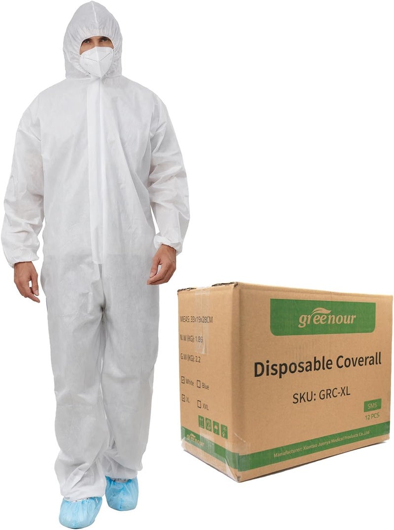 Greenour Pack of 12 Hazmat Suits Disposable Coveralls with Hood Breathable White Painters Suit Size Medium to 3X-Large - Image 1